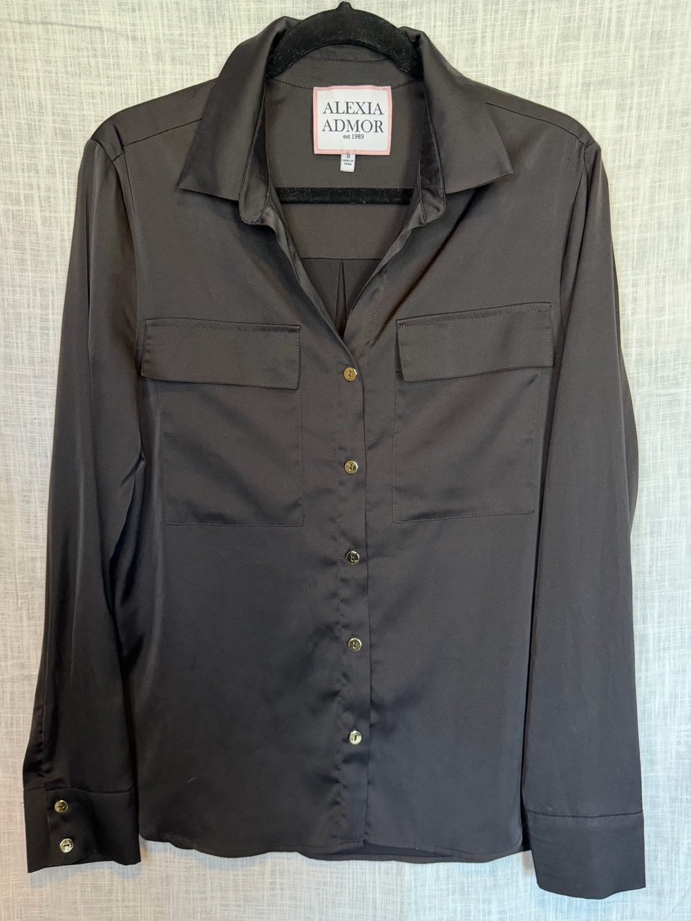 Alexia Admor Black Silky Button-Down Blouse Office Siren Corpcore size 8